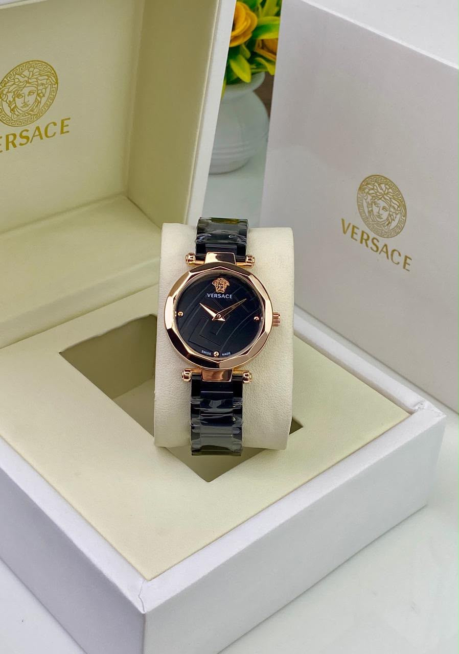 VERSACE WOMEN’S WATCH A ROSE GOLD BEZEL AND BLACK DIAL WITH ICONIC LOGO