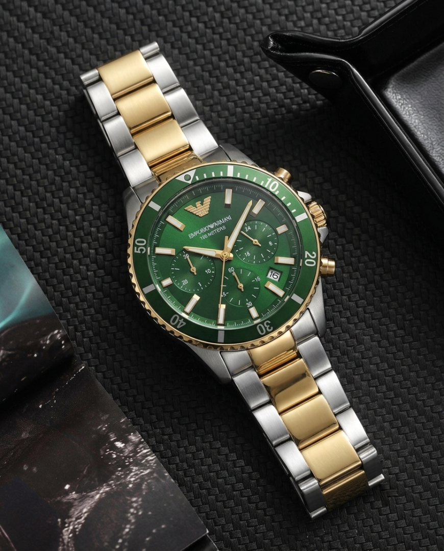 Emporio Armani 100Meter Chronograph 2Ton-Gold-Green