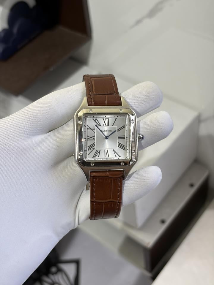 CARTIER SANTOS LEATHER BROWN SILVER PREMIUM LEATHER 862