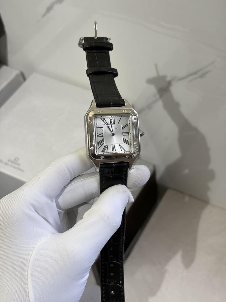 CARTIER SANTOS LEATHER BLACK SILVER PREMIUM LEATHER 864