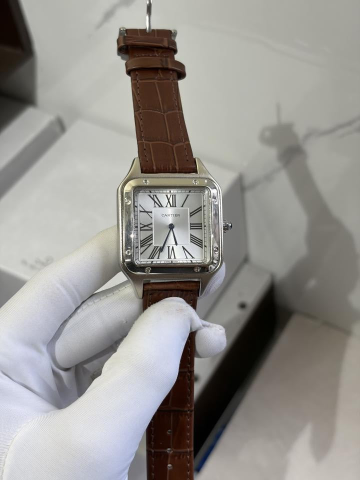 CARTIER SANTOS LEATHER BROWN SILVER PREMIUM LEATHER 862